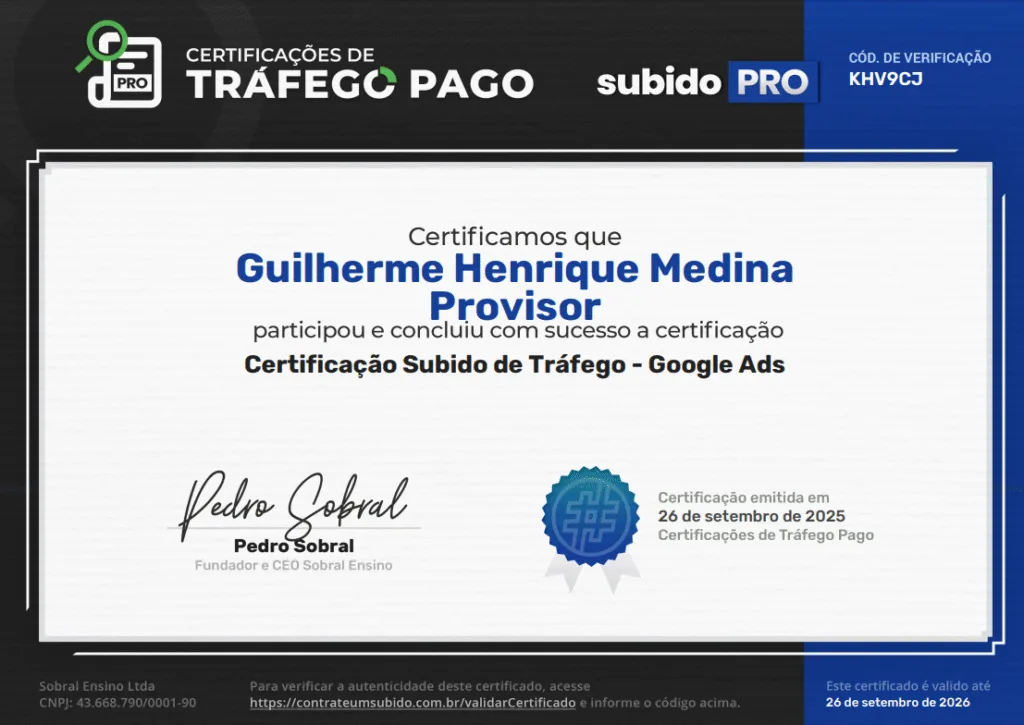 Certificado Subido Pro de Google Ads emitido para Guilherme Henrique Medina Provisor