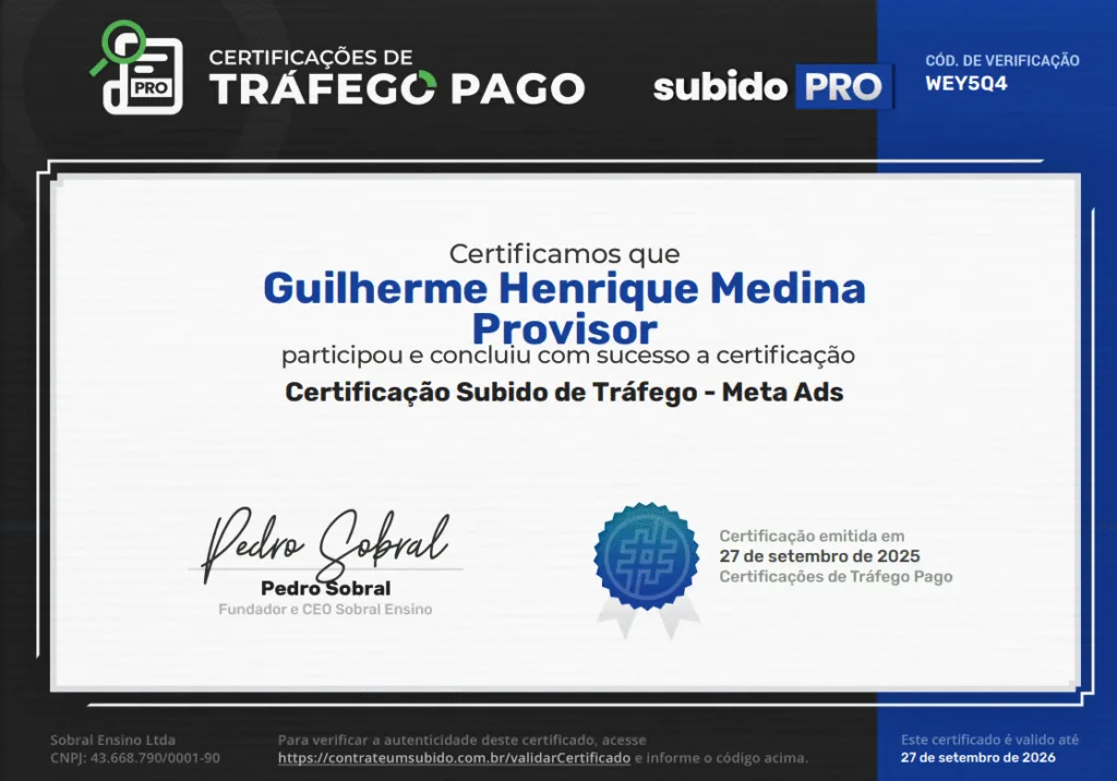 Certificado Subido Pro de Meta Ads emitido para Guilherme Henrique Medina Provisor